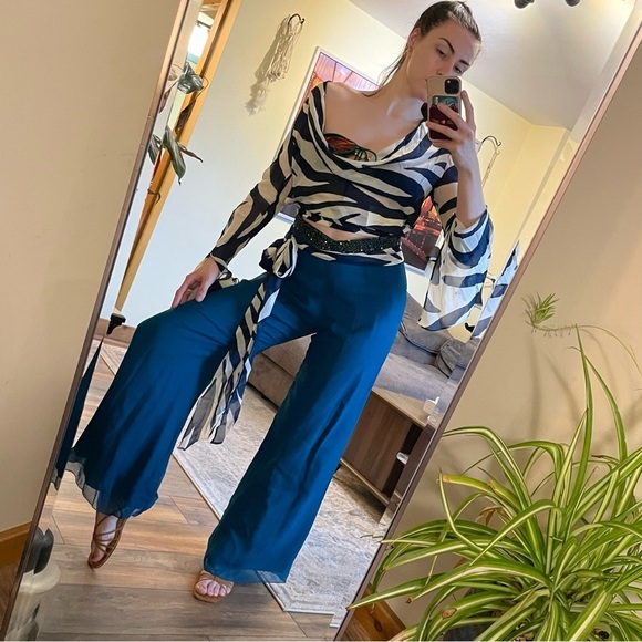 Cassandra Stone Vintage 100% Silk Teal Chiffon Wide Leg Pants with Beaded Waist - Picture 3 of 7